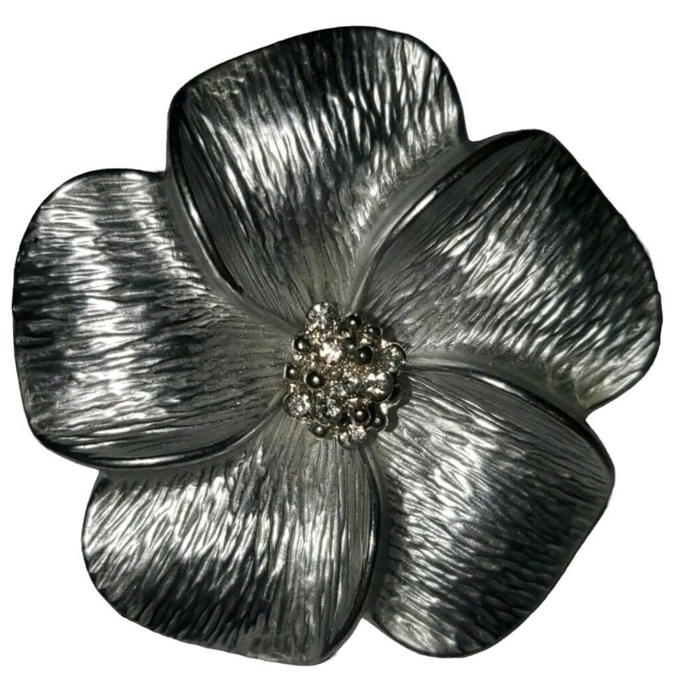 Vintage LBVYR Flower Brooch Pin Rhinestones Silver Tone Yves Rocher Signed